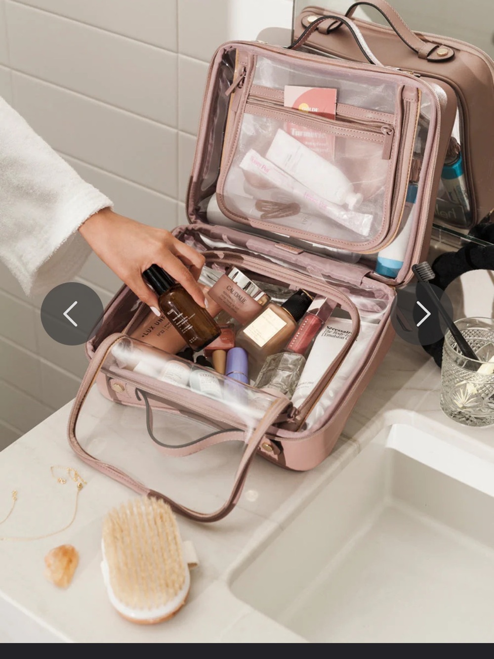 Calpak Clear Cosmetic Case with Mauve Pink Trim and Handles - Picture 4 of 7